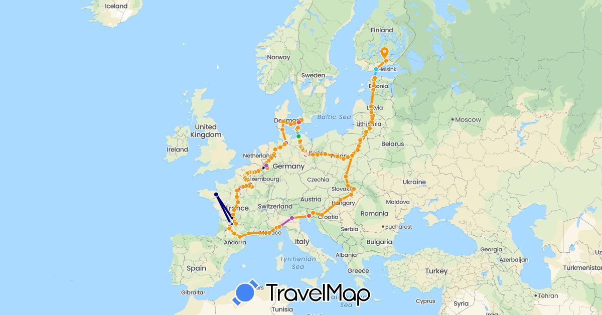 TravelMap itinerary: driving, bus, train, hiking, boat, hitchhiking in Belgium, Germany, Denmark, Estonia, France, Lithuania, Latvia, Netherlands, Poland (Europe)